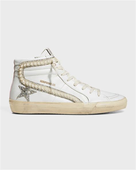 slide mid top glitter pearly stud sneakers